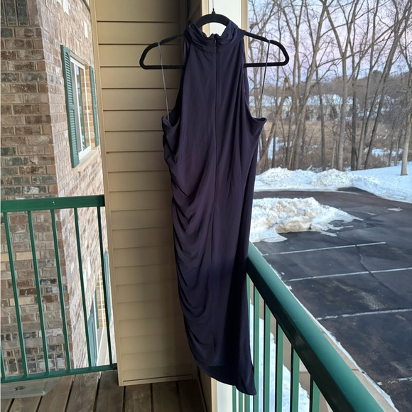 🆕Jewel Badgley Mischka Navy Ruched Sleeveless Midi Dress Size 12 Elegant Stretch - Picture 5 of 15